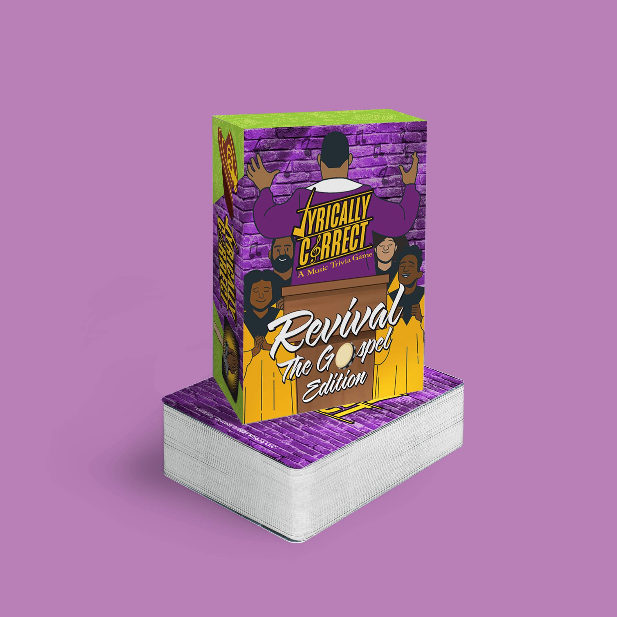 Lyrically Correct Revival The Gospel Edition card game box with illustrated gospel singers and purple brick background